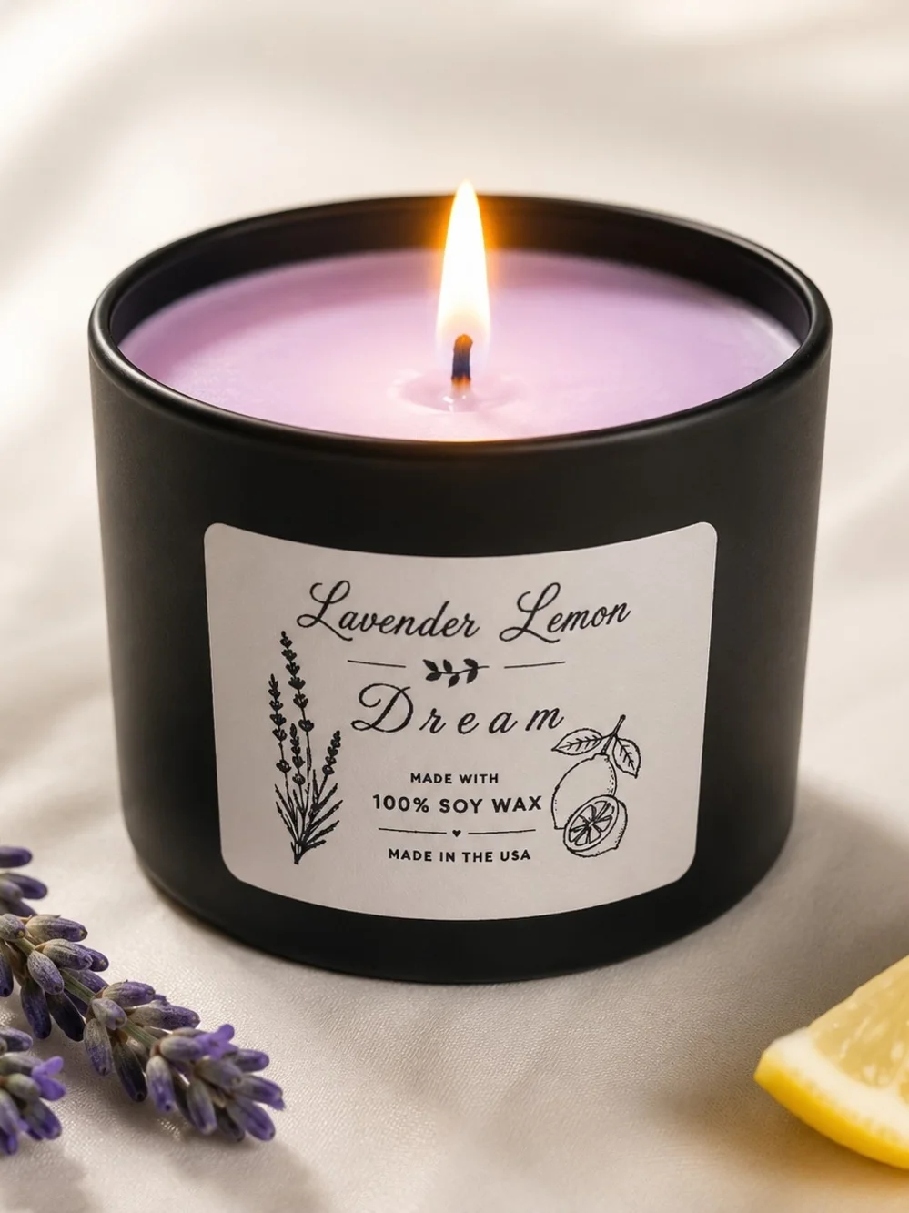 Lavender Lemon Dream 4oz Travel Candle 100% Soy Wax Matte Black Tin with Lid Mad